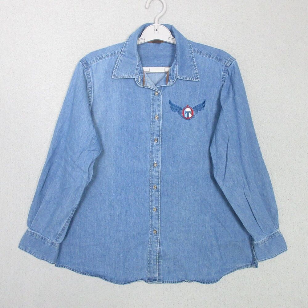 Harriton Denim Shirt Mens‎ XL Light Wash Long Sleeve Button Up Embroidered Logo